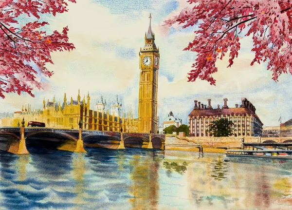 Sonbahar ağaçlar, Big Ben Saat Kulesi ve İngiltere'de Londra'da thames Nehri. Suluboya resim illüstrasyon manzara güzel sezon. Dönüm noktası, iş şehir 