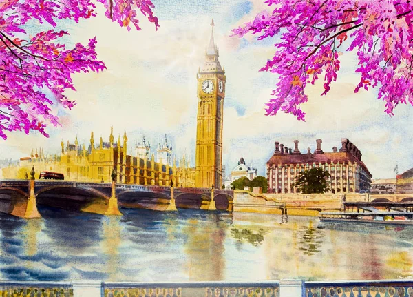 Big Ben Clock Tower Och Thames River London England Akvarell — Stockfoto