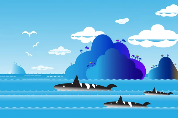 사이에서 파도를 항해하는 여름에 하늘을 물고기와 의푸른 색깔을 하늘을 고래들의 — 스톡 사진