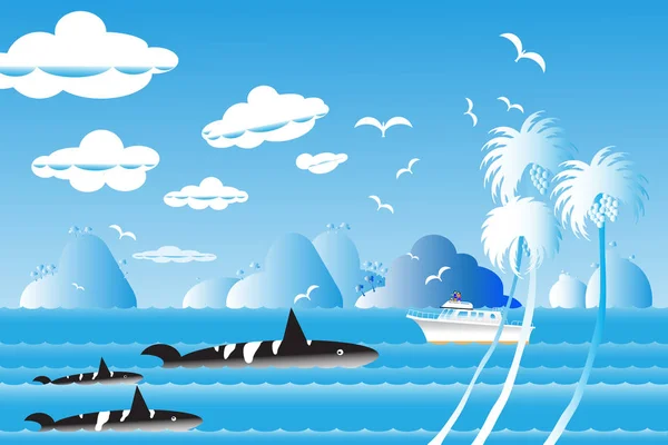 Иллюстрация Морской Пейзаж Путешествия Морю Китовым Семейством Водной Волне Между — стоковое фото