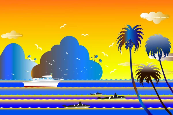 Иллюстрация Морской Пейзаж Над Морем Китовым Семейством Водной Волне Между — стоковое фото