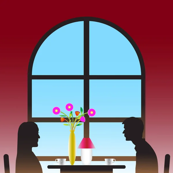 Illustrationer Elskere Drikker Kaffe Med Blomstervaser Nær Vinduet Med Kærlighed - Stock-foto