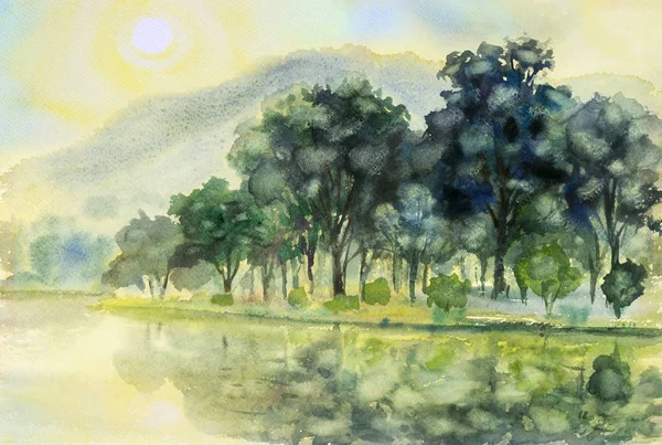 Aquarelle paysage peinture originale coloré de soleil le matin — Photo