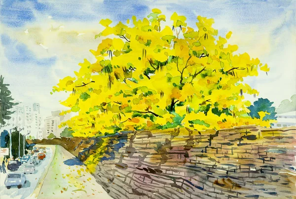ゴールデン ツリー花の水彩風景画 — ストック写真