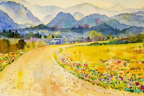 Aquarela paisagem pintura de montanha e prado . — Fotografia de Stock