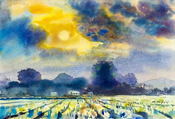 Gün batımı duygusunda dağ ve pirinç tarlasının renkli — Stok fotoğraf