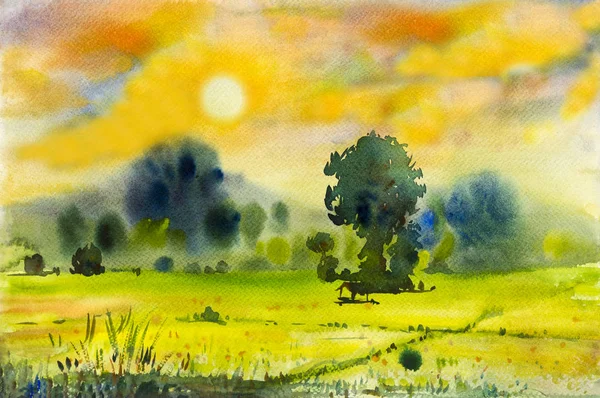 Акварельный пейзаж оригинальная живопись с рисовым полем — стоковое фото