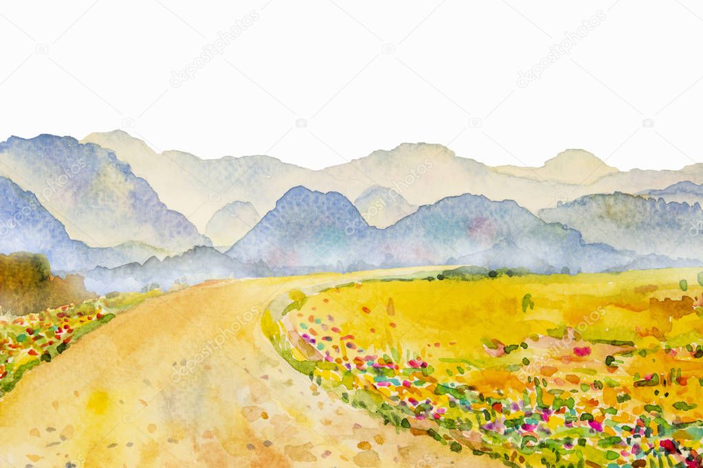 Watercolor landscape painting of mountain and meadow.