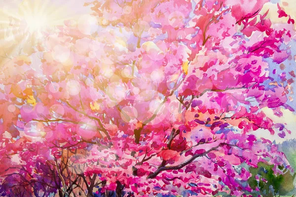 야생 히말라야 벚꽃 흐름의 수채화 핑크 레드 컬러 그림 — 스톡 사진