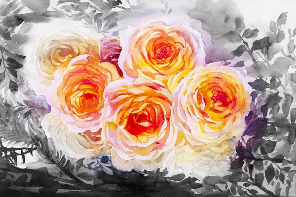 Peinture art aquarelle orange, couleur jaune des roses . — Photo