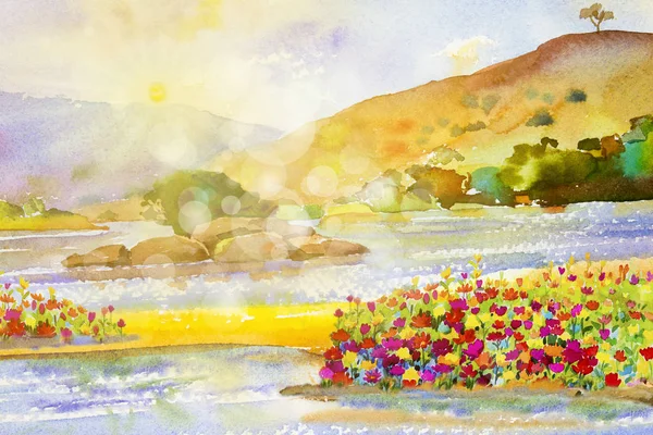 Watercolor landscape painting colorful of flowers sun river and