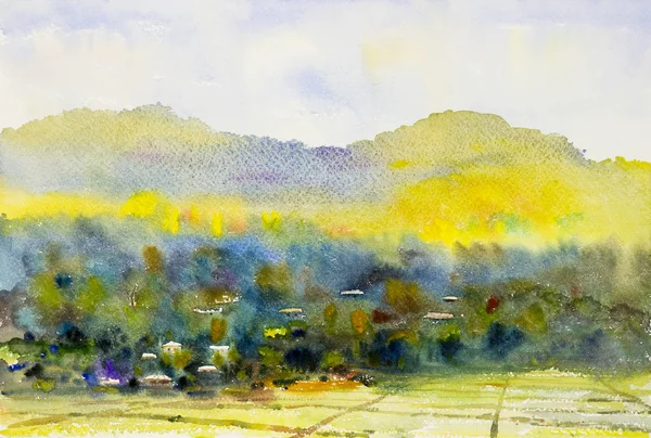 Pittura paesaggistica ad acquerello colorato di villaggio e riso fiel — Foto Stock