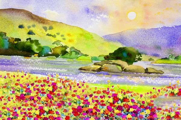 Acuarela paisaje pintura colorido de flores río y moun — Foto de Stock