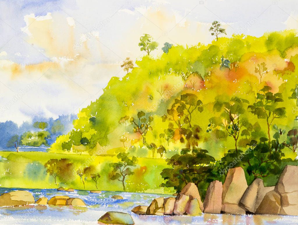 Watercolor landscape painting colorful of river and mountain for