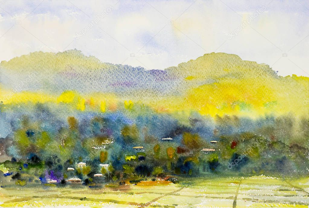 Watercolor landscape painting  colorful of village and rice fiel