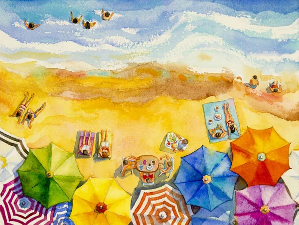 Painting watercolor seascape Top view colorful of lovers, family — Stock Photo, Image