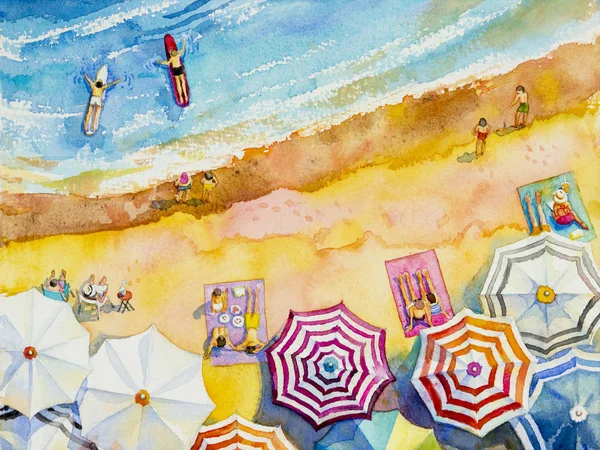 Måla akvarell seascape ovanifrån färgglada älskare, Familj — Stockfoto