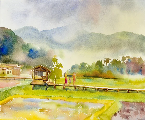 Painting watercolor landscape of happy family in morning.