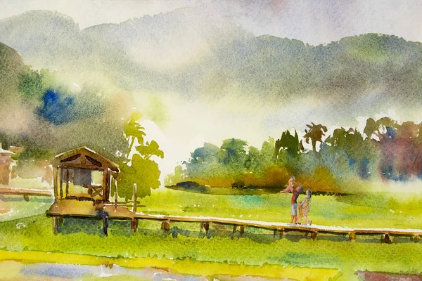 Painting watercolor landscape of happy family in morning.