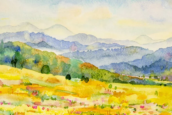 Aquarelle paysage peinture de montagne et prairie . — Photo