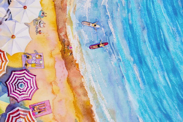 Schilderij aquarel zeegezicht top uitzicht kleurrijke. — Stockfoto