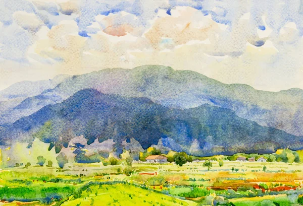 Watercolor landscape painting colorful of mountain with cornfiel