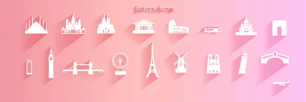 Zestaw ikon podróży symbolem architektury europejskiej na różowym tle — Zdjęcie stockowe