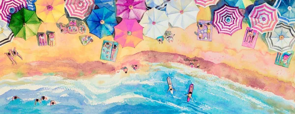 타벨 가족의 다채 로운 색깔의 바다 풍경을 그림으로 그려 놓은 수채화. — 스톡 사진