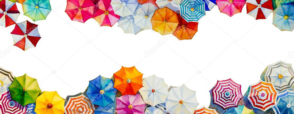 Hello summer watercolor painting colorful umbrella.