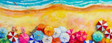 Suluboya deniz manzarası üstten görünüm sevgili, Aile renkli resim