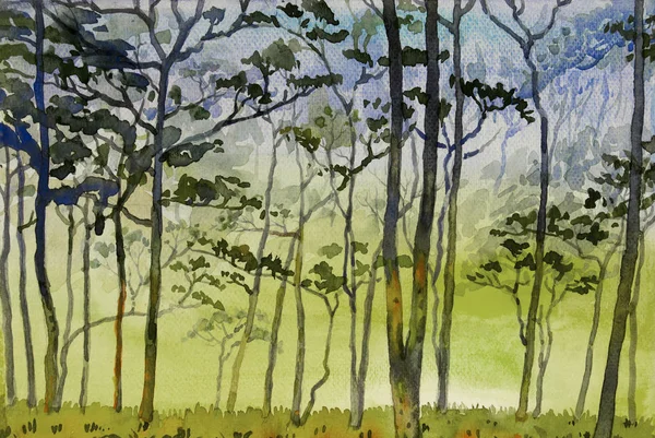 Watercolor landscape of wildfire, eco mountain and meadow.
