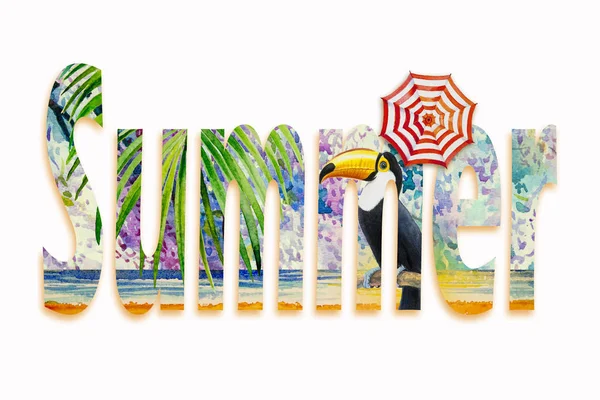 Folhagem de texto tropical de verão com pássaro tucano . — Fotografia de Stock