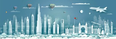 Birleşik Arap Emirlikleri Dubai 'sinde modern bina, siluet, gökdelen ile seyahat et. Kağıt origami stili. Turizm, Asya 'nın mimari ve şehir planına sahip Arap şehirlerine özgü işaretler. Vektör illüstrasyonu.