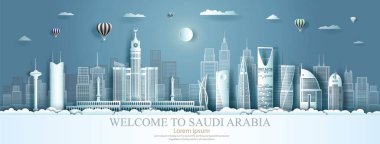 Asya 'nın Suudi Arabistan' a mimari şehir planıyla seyahat. Modern bina, ufuk çizgisi, gökdelen, Suudi Arabistan İş broşürü ile Asya 'nın tarihi yerleri. Vektör illüstrasyonu.