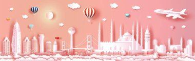 Pembe arkaplan üzerine panorama manzaralı mimari ile Türkiye 'ye seyahat. Modern bina, gökdelen, iş broşürü modern tasarım ile seyahat şehri. Vektör illüstrasyonu.