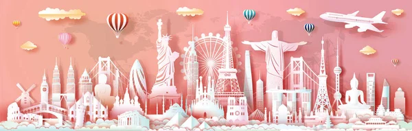 世界旅行記念碑や建築超高層ビル古代と現代文化のパンフレットやビジネス広告のランドマーク パノラマポストカード世界地図の背景を持つポスター旅行ランドマーク世界 — ストックベクタ