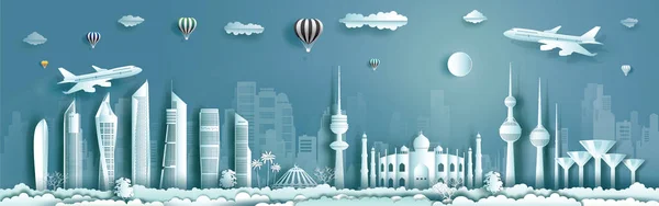近代的な建物 スカイライン 飛行機で超高層ビルでクウェートのランドマークを旅行します アラブ近代的なデザインのツアーの街並み 中央アジアとダウンタウンの背景のランドマークへの旅行 — ストックベクタ
