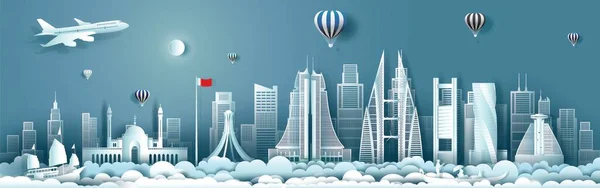 パノラマビューの建物 スカイライン 超高層ビルと旅行アーキテクチャバーレーン 現代的なビジネスパンフレットのデザイン 青と都市の背景を持つアラブのツアーアジアのランドマーク — ストックベクタ