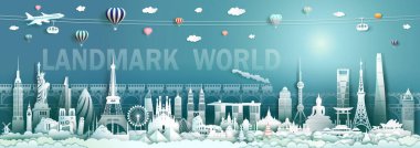 Modern ve antik mimari ile dünya turizmi, panorama ve mavi arka planla Amerika, Avrupa, Asya, Avustralya, İtalya, İspanya, Türkiye, Çin, Japonya, Çin, Çin, Çin, Çin, Çin.