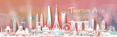 Reklam kitabı kapağı broşürü, Asya turizmi şehir merkezi silueti, şehir simgelerini gezen şehir başkenti Asya 'ya seyahat eden poster, kartpostal, kitap kapağı,.