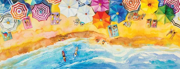 Yaz mevsiminde suluboya panorama deniz manzarası, aile, tatil ve turizm, çok renkli şemsiye, deniz dalgası mavi arka plan. Reklam için deniz manzaralı resimler.
