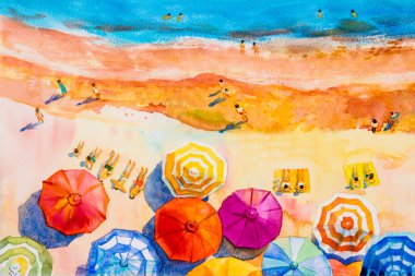 Aşıklar için suluboya deniz manzarası, yaz tatilleri ve turizm, çok renkli şemsiyeler, deniz dalgası mavisi arka plan. Resimli Empresyonist, soyut resim çizimi.