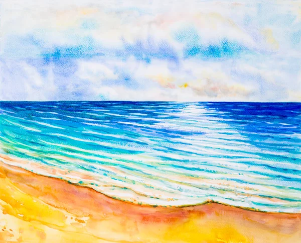 Watercolor Seascape Pintura Original Colorido Vista Para Mar Praia Céu — Fotografia de Stock