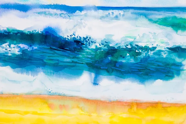 Watercolor Seascape Pintura Original Colorido Vista Para Mar Praia Onda — Fotografia de Stock