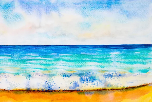 Akwarela Krajobraz Oryginalny Obraz Kolorowy Widokiem Morze Plaża Fala Niebo — Zdjęcie stockowe
