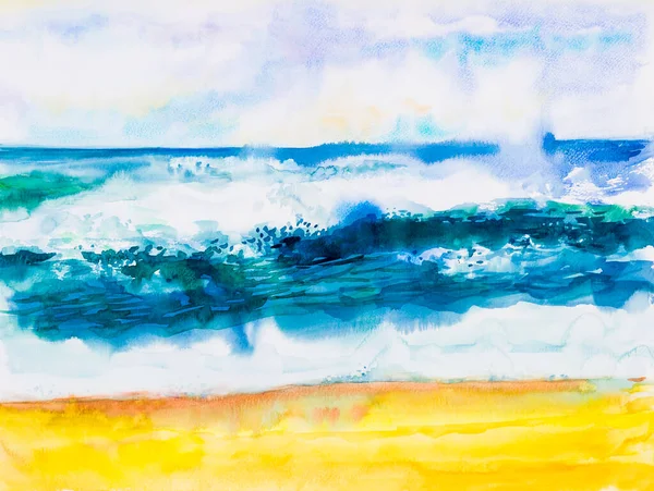 Watercolor Seascape Pintura Original Colorido Vista Para Mar Praia Onda — Fotografia de Stock