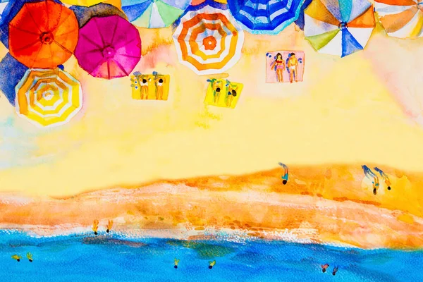 Pintura Acuarela Paisaje Marino Vista Superior Colorido Los Amantes Vacaciones —  Fotos de Stock