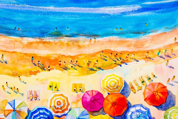 Målning Akvarell Havsutsikt Ovanifrån Färgglada Älskare Familjesemester Och Turism Somriga — Stockfoto