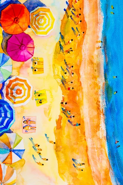Painting Watercolor Seascape Top View Colorful Lovers Family Summer Holiday — Stock Photo, Image