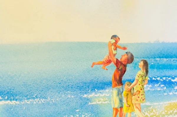 Aquarela Original Pintura Paisagem Marinha Colorido Família Praia Férias Verão — Fotografia de Stock